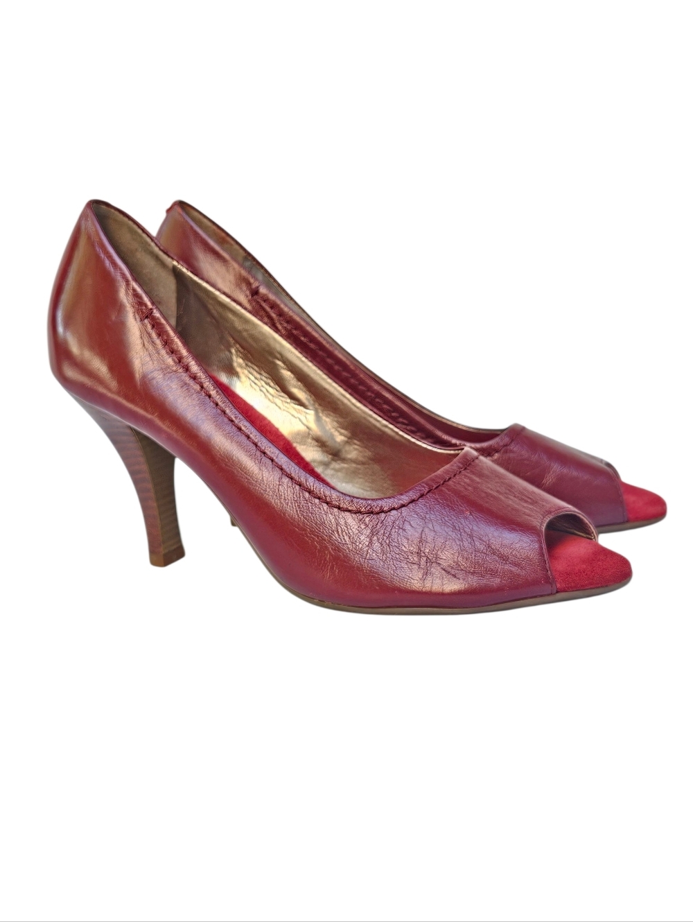 Aerosoles Red Leather Shoes Peep-Toe Heels Rockabilly Pinup - Women's Size 7.5